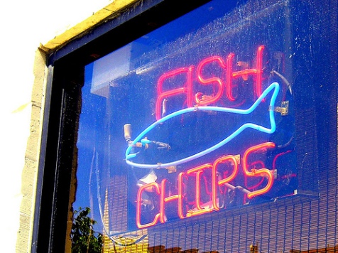 fish and chips sign. fish-and-chips-sign-color-